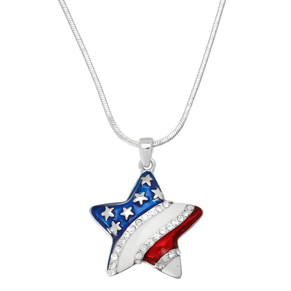 Patriotic Red White Blue USA Flag Star Pendant Necklace  Rhodium Plated